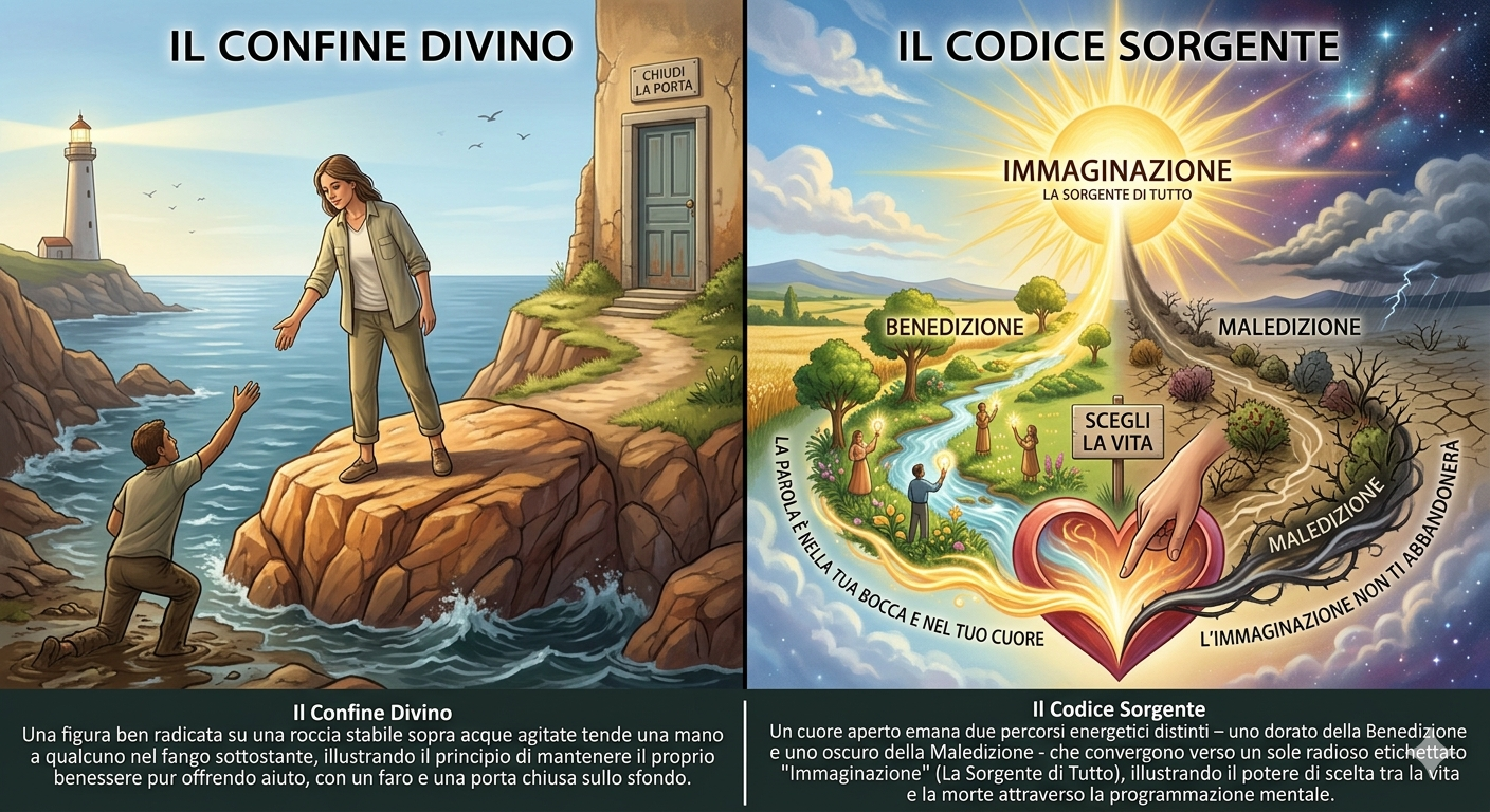 Descrizione dell'immagine: Una figura ben radicata su una roccia stabile sopra acque agitate tende una mano a qualcuno nel fango sottostante, illustrando il principio di mantenere il proprio benessere pur offrendo aiuto, con un faro e una porta chius