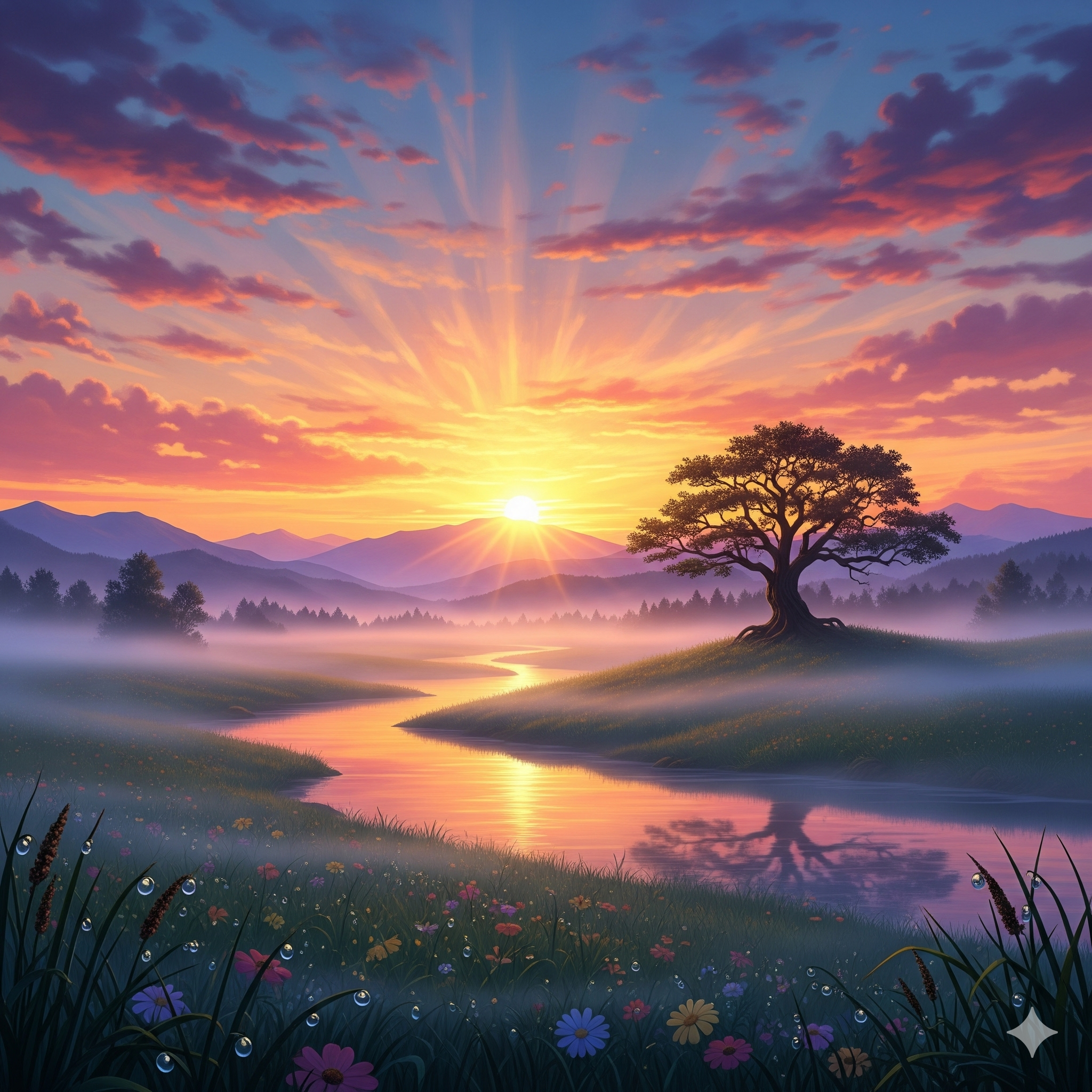 Alba colorata su un paesaggio sereno, simboleggiante un nuovo inizio e l'opportunità di creare ogni giorno la propria realtà.