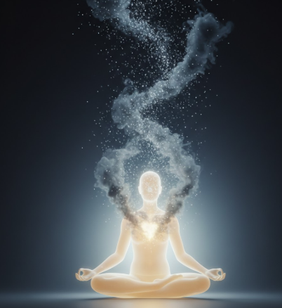 Un'immagine che visualizza l'energia del dolore emotivo che si dissolve. Una figura umana stilizzata e luminosa, in posizione meditativa o di apertura, al centro. Dal petto della figura, nuvole scure o vortici di energia negativa si stanno dissolvendo e ascendendo verso l'alto, trasformandosi in una luce chiara e calma. Intorno alla figura, un'aura di pace e rinnovamento. L'estetica è pulita, con contrasti tra buio (che si dissolve) e luce (che emerge).