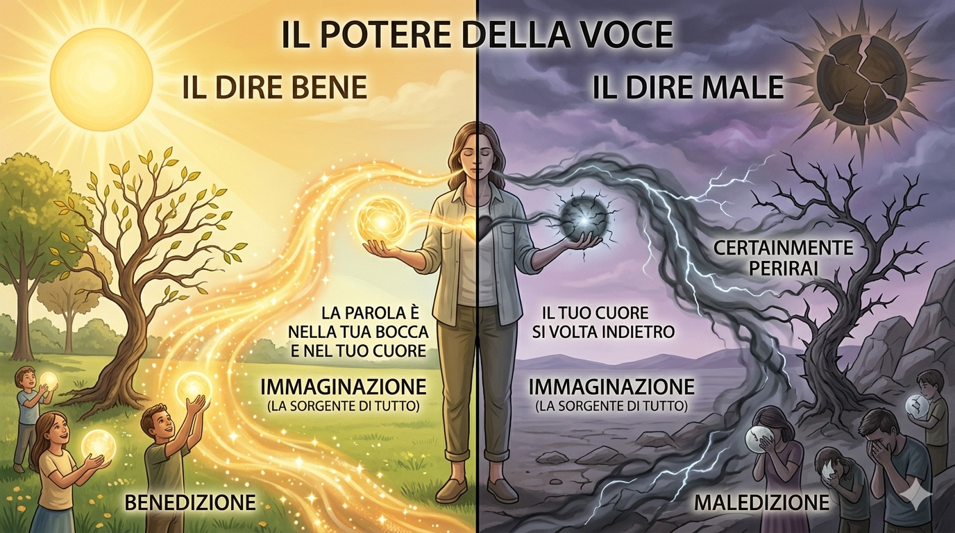 Una composizione a pannelli affiancati che illustra il potere dell'espressione e dell'immaginazione. In alto, il titolo recita "IL POTERE DELLA VOCE". Pannello di sinistra ("IL DIRE BENE"): Mostra un paesaggio rigoglioso e soleggiato con bambini che tengono in mano sfere di luce dorata, nutrendo un albero fiorente. Un'onda di luce dorata collega la scena all'Immaginazione. I testi integrati includono: "BENEDIZIONE", "IMMAGINAZIONE (LA SORGENTE DI TUTTO)", "LA PAROLA È NELLA TUA BOCCA E NEL TUO CUORE", "SCEGLI LA VITA". Pannello di destra ("IL DIRE MALE"): Mostra un paesaggio desolato e tempesto sotto un sole eclissato, con bambini oscurati e addolorati. Un'onda di fumo oscuro e fulmini collega la scena all'Immaginazione. I testi integrati includono: "MALEDIZIONE", "IMMAGINAZIONE (LA SORGENTE DI TUTTO)", "IL TUO CUORE SI VOLTA INDIETRO", "CERTAINMENTE PERIRAI". Al centro, una figura unisce i due mondi, con un'energia dorata emanata dalla bocca e dal cuore a sinistra, e un'energia oscura emanata a destra, rappresentando la dualità del potere creativo.