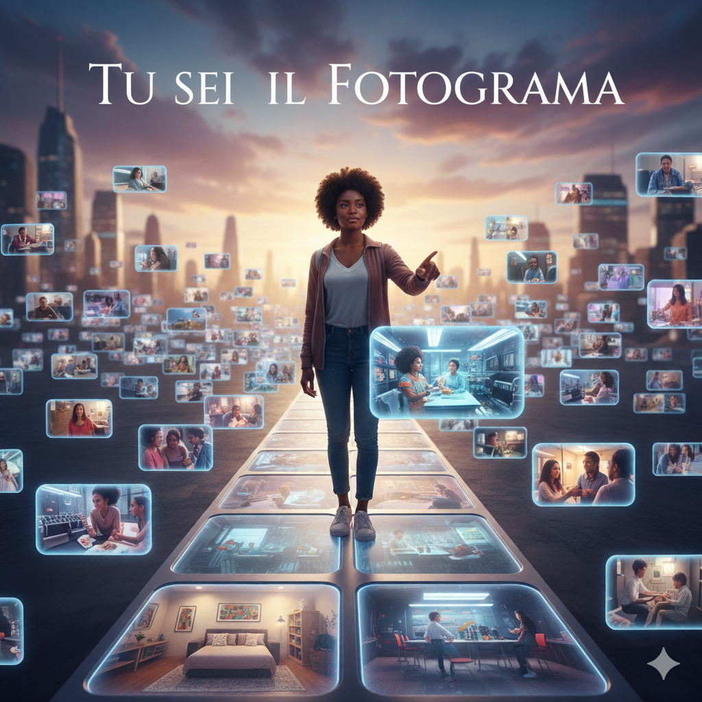 L'immagine rappresenta una sequenza cinematografica o una pellicola: una persona è collocata nel fotogramma centrale della sua vita, circondata da vari Strati del Mondo. La scritta in sovrimpressione, 'TU SEI IL FOTOGRAMMA', sottolinea che l'individuo non è un passivo spettatore, ma l'elemento attivo che sceglie e proietta il prossimo scenario della sua realtà, in linea con la Regola del Fotogramma.