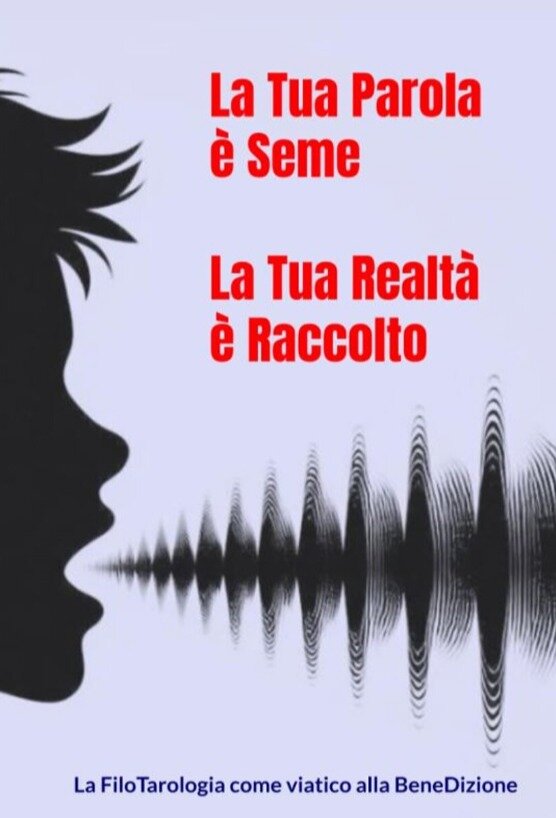 sagoma di un volto di ragazzo che emana parole-vibrazioni per creare la sua realtà.