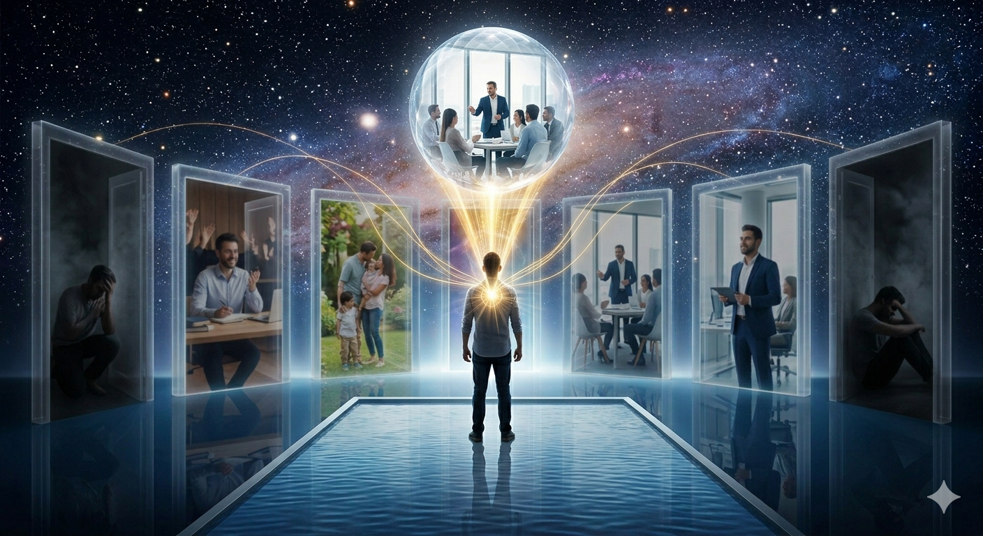 Immagine concettuale che illustra la manifestazione secondo Neville Goddard e Vadim Zeland. Una figura centrale, visualizzando il finale compiuto (un progetto realizzato, il successo), attiva un'onda di energia dorata che connette la sua realtà attuale alla variante desiderata. Il Multiverso delle possibilità (altre varianti sfocate) rimane sullo sfondo. Rappresenta il processo pratico del Transurfing e la creazione del 'Ponte di Incidenti' attraverso la sintonizzazione.