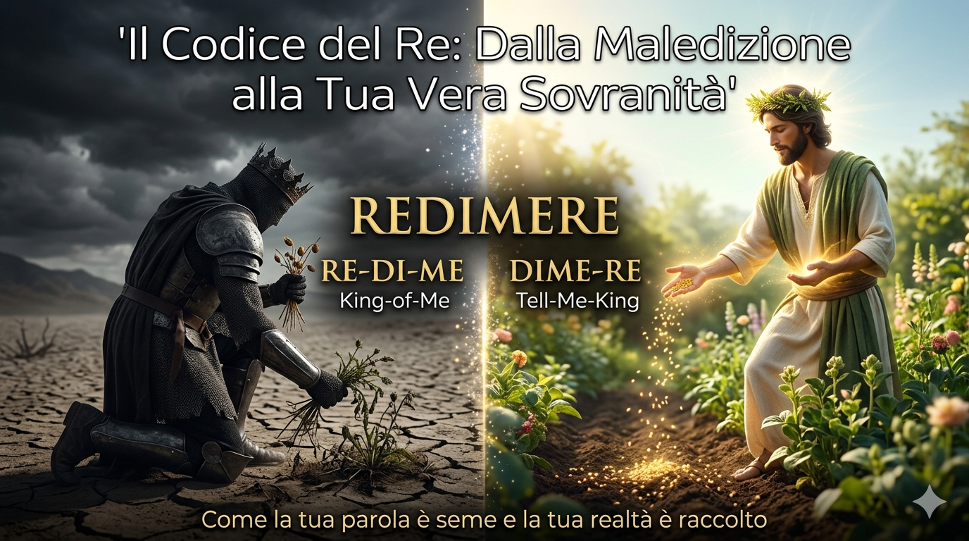 Immagine concettuale della FiloTarologia che mostra la trasformazione dal 'Re dell'Ego' (maledizione e scarsità) al 'Re Consapevole' (benedizione e abbondanza) attraverso la parola 'REDIMERE'