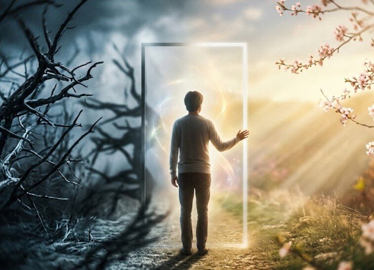 Una fotografia evocativa che raffigura una persona di spalle di fronte a un portale luminoso al centro della scena. Il portale divide l'ambiente in due metà distinte. A sinistra, l'oscurità e l'intrico di rami spogli simboleggiano la PAURA 