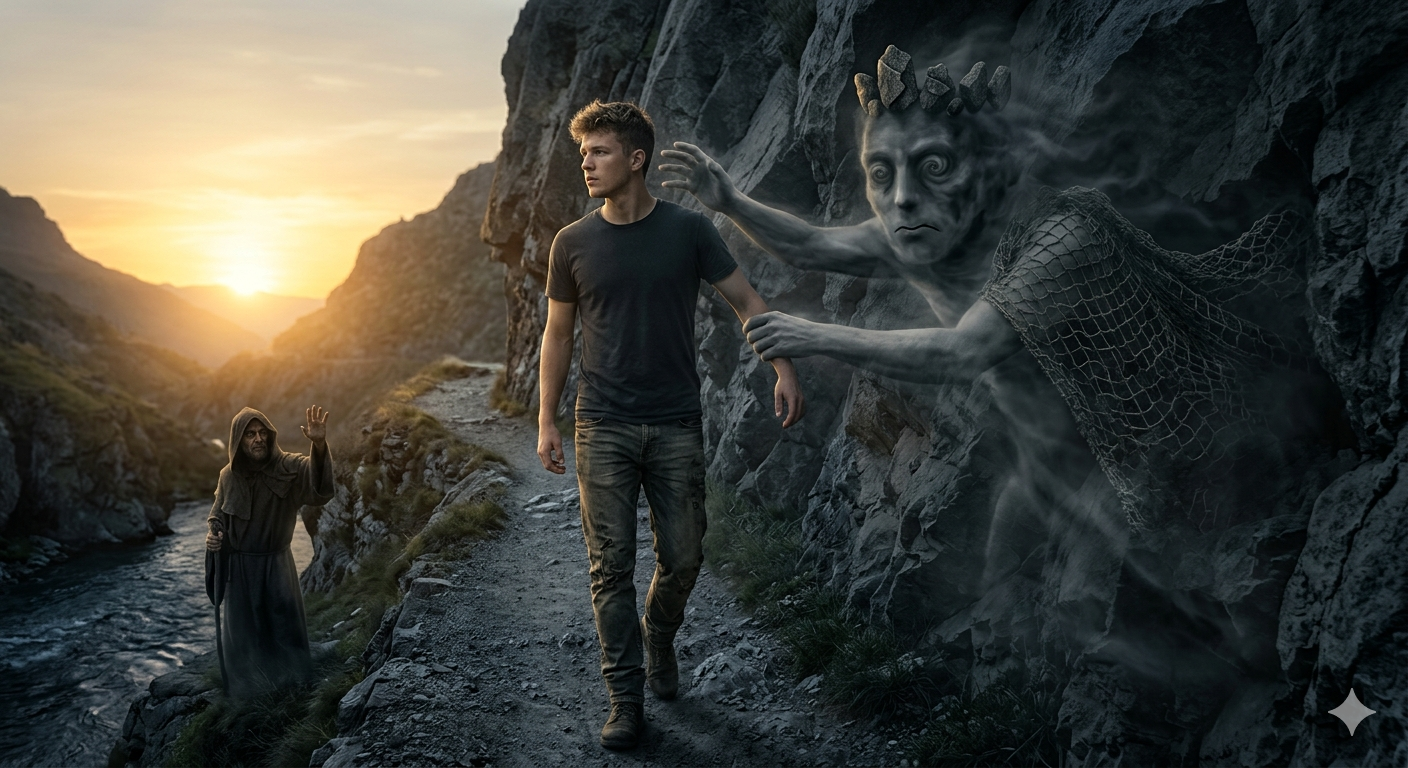 mmagine evocativa che mostra un giovane uomo che cammina su un sentiero verso un sole al tramonto (il suo sogno). Viene affiancato e ostacolato da due figure ombreggiate: una interna che sussurra dubbio (l'oppositore interiore Satan) e una esterna da un fiume (il Caronte-oppositore esterno).