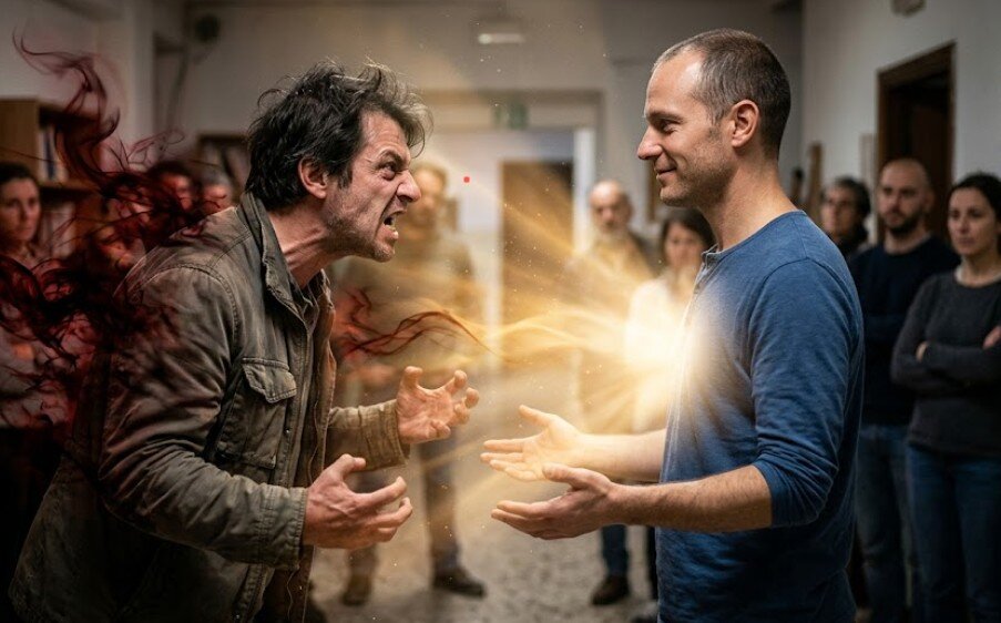 Una fotografia evocativa che raffigura il concetto di Arrocco in FiloTarologia. Un uomo dona luce dorata e calma a un'altra persona consumata dalla rabbia e dall'oscurità. L'immagine simbolizza il ribaltamento del paradigma: vedere l'attacco non come un pericolo, ma come una richiesta di aiuto e d'amore che guarisce entrambi
