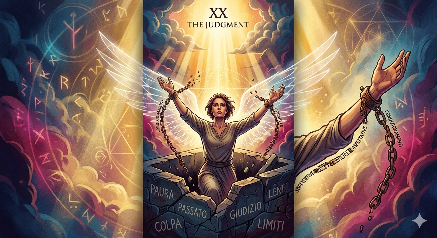 Rappresentazione spirituale dell'Arcano del Giudizio, liberazione dai condizionamenti e risveglio della coscienza.