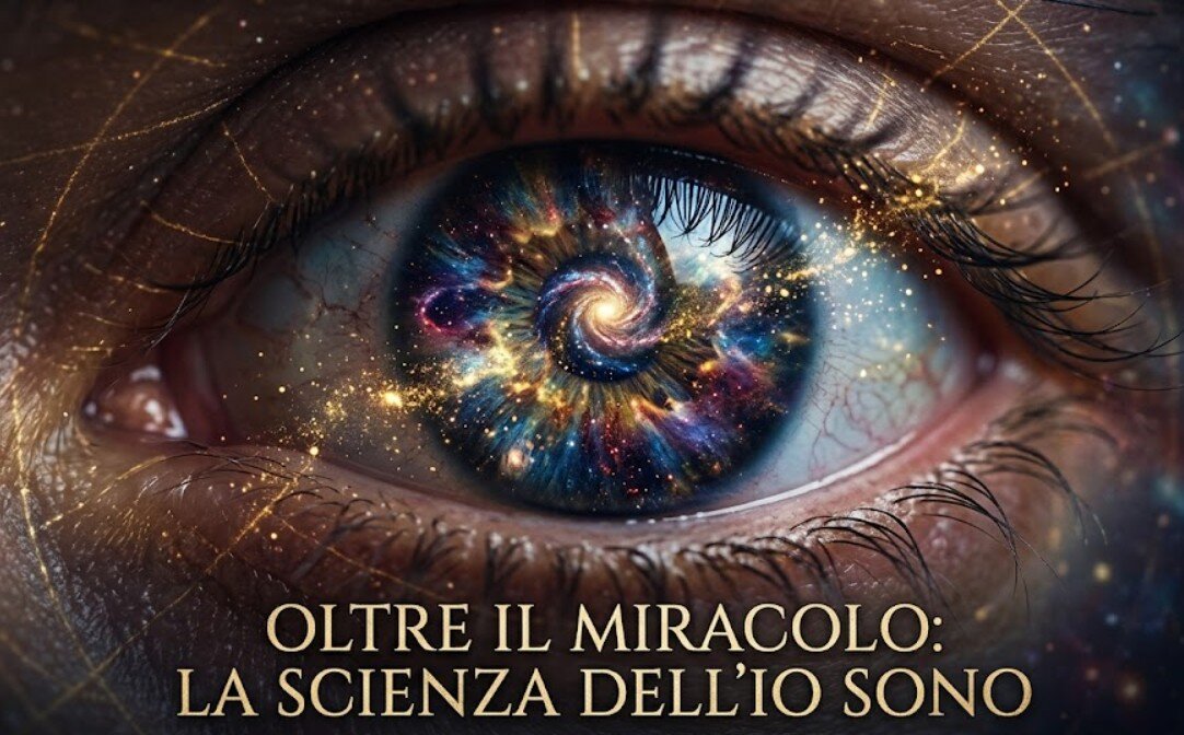 Un primo piano suggestivo di un occhio umano che riflette una galassia, con particelle di luce dorata che si fondono tra la carne e lo spazio profondo, simboleggiando l'unione tra uomo e universo.