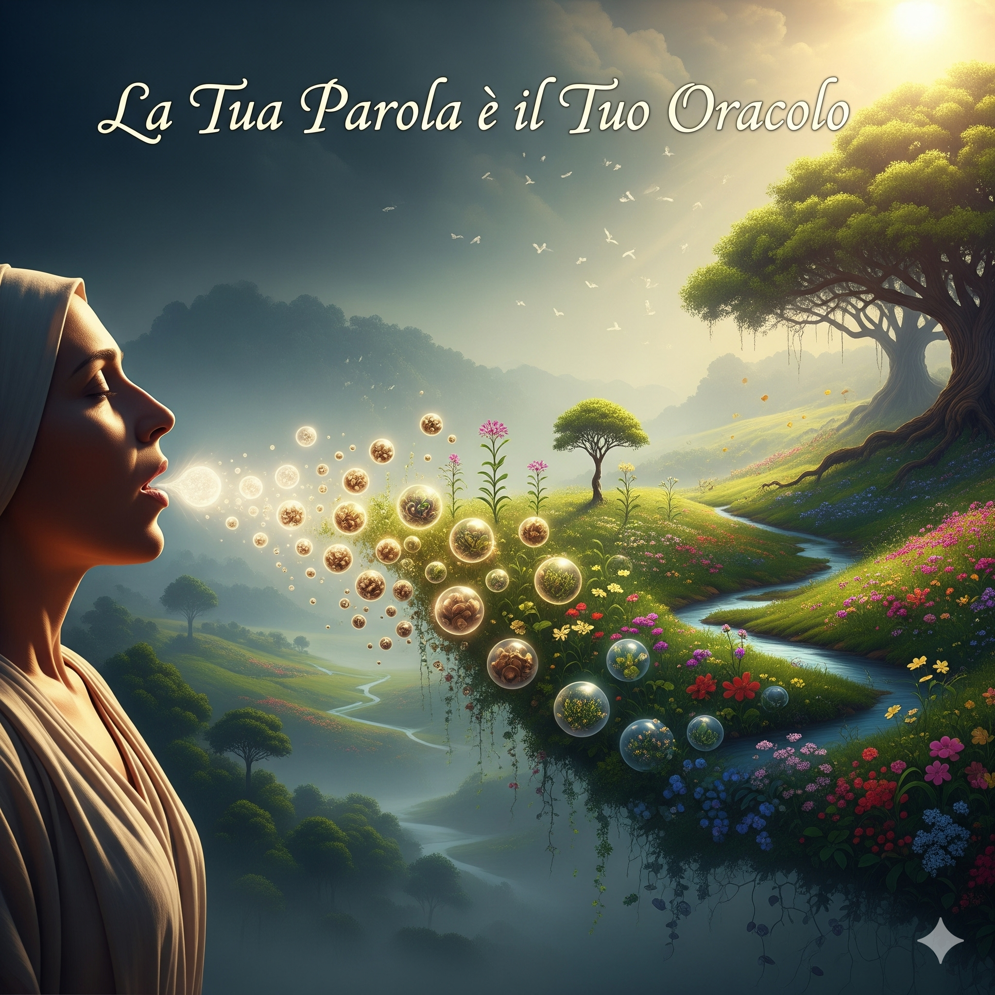 Rappresentazione visiva del potere delle parole. Un'immagine che mostra una persona mentre parla, e le sue parole, come semi luminosi, si trasformano in un paesaggio fiorito e rigoglioso. Il titolo "La Tua Parola è il Tuo Oracolo" è visibil