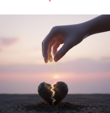 Un'immagine evocativa e pulita. In primo piano, una mano stilizzata che delicatamente raccoglie frammenti luminosi e dorati che sorgono dalle ceneri di ciò che sembrava un cuore spezzato e scuro. Lo sfondo è un'alba delicata con colori pastello 