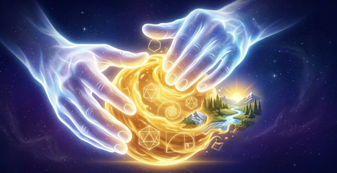 Mani umane luminose, fatte di pura energia bianca e azzurra, che modellano una sfera di luce dorata su un piano invisibile. Dalla sfera emergono forme geometriche sacre e paesaggi naturali in formazione.