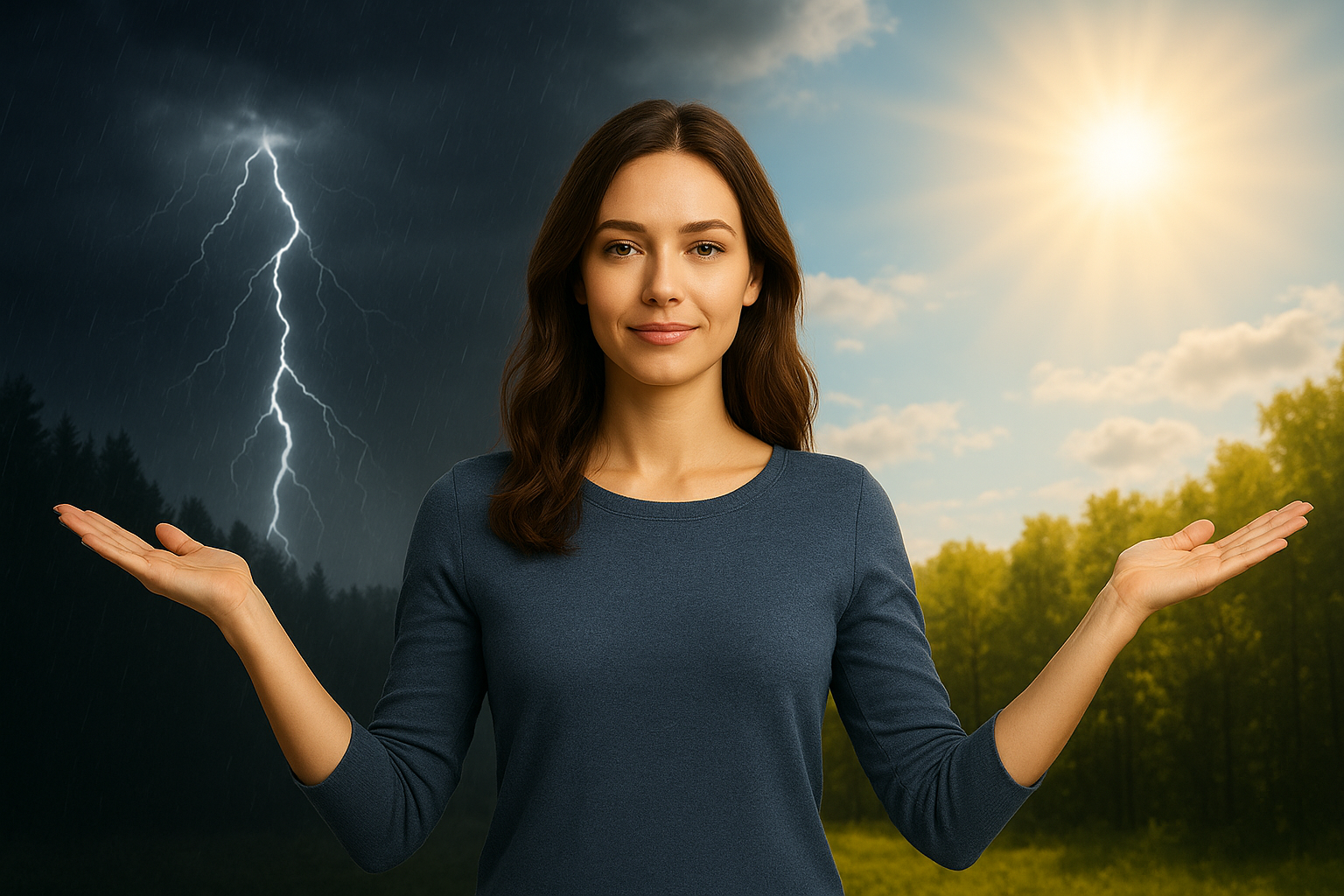 Fotografia simbolica di una donna con le braccia aperte in un bosco, con un lato illuminato dal sole e l’altro coperto da nuvole e fulmini. Rappresenta il dualismo interiore tra pensieri negativi e positivi, il passaggio dal dire male al dire bene e la trasformazione della coscienza.
