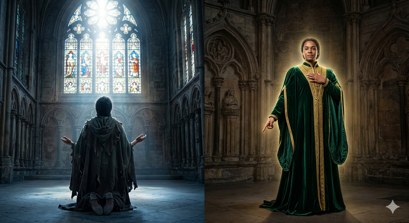 Immagine evocativa che mostra un uomo che passa da una postura di preghiera e supplica (mendicante) a una postura eretta, sicura e potente in veste regale (sovrano). Simboleggia la trasformazione dalla mancanza alla rivendicazione del potere interiore sec