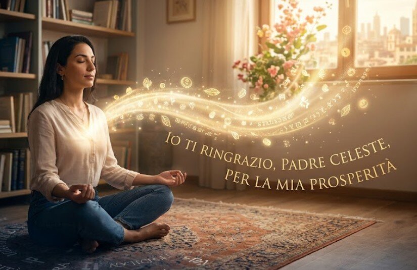 Creare la propria prosperità con la FiloTarologia. Rappresentazione visiva di una persona in meditazione che trasforma pensieri di scarsità in luce e abbondanza dorata, simbolo del metodo FiloTarologia.