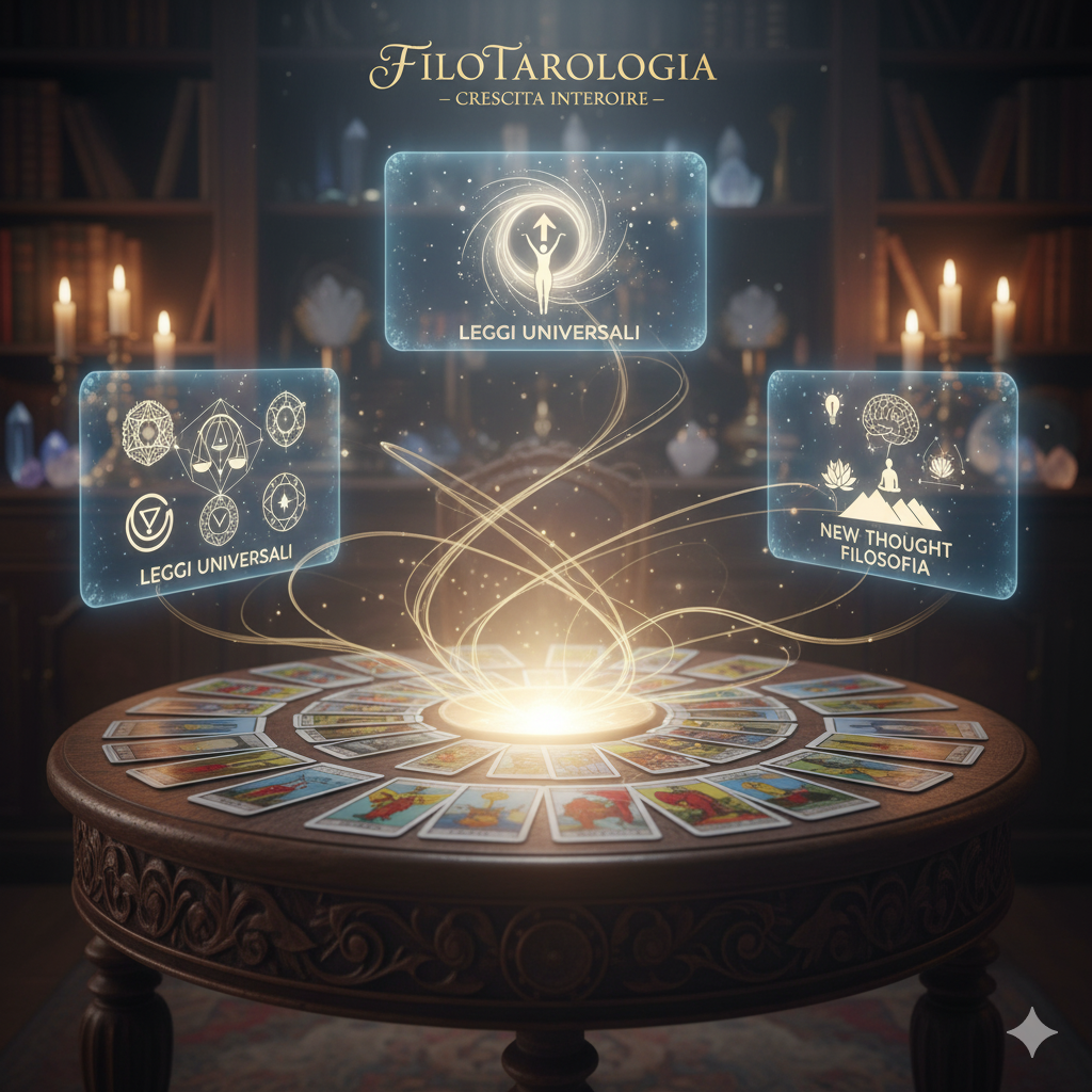 Tarocchi disposti su un tavolo come simbolo della FiloTarologia, un metodo che unisce le Leggi Universali e la filosofia del New Thought per la crescita interiore. I Tarocchi nella FiloTarologia non predicono il futuro, ma mostrano la vibrazione energetica del presente.