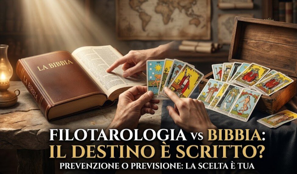 Immagine concettuale che confronta i simboli della FiloTarologia e della Bibbia. Una mano tiene carte dei Tarocchi filosofici e l'altra la Bibbia aperta, separate da un bagliore di luce dorata che rappresenta la consapevolezza. Lo sfondo mostra un an