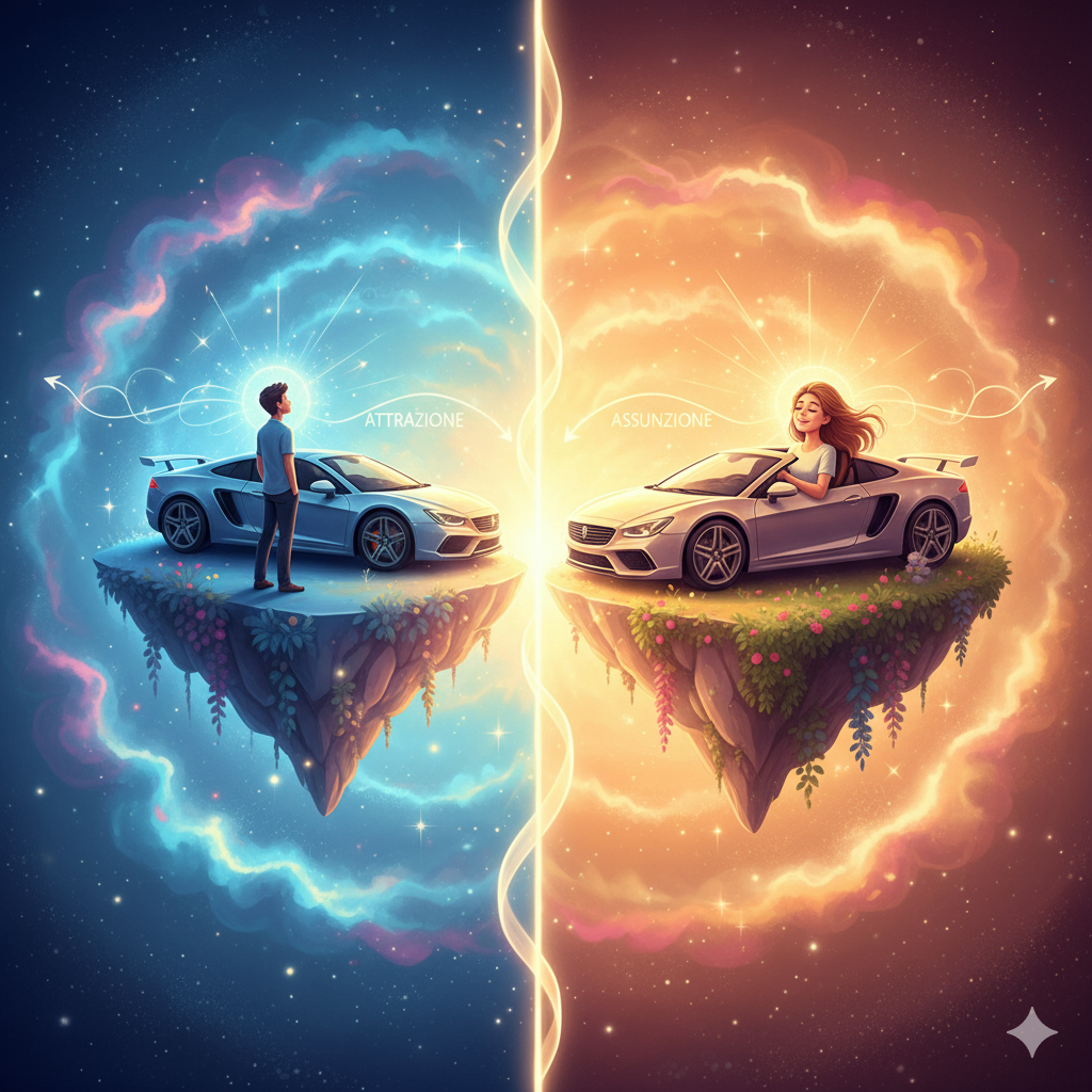 Un'illustrazione più concettuale che visivamente differenzia la Legge di Attrazione dalla Legge di Assunzione. Potrebbe mostrare due figure o due sfere di energia. Una metà (Attrazione) potrebbe raffigurare una persona che desidera o guarda verso qualcosa che è ancora lontano, con frecce che indicano "verso di me". L'altra metà (Assunzione) potrebbe mostrare la stessa persona che è già integrata con l'oggetto del desiderio, come se fosse già una parte di sé, con un'aura di compimento e realizzazione interiore. Colori complementari o un contrasto chiaro per evidenziare la distinzione. Non solo attrazione: la Legge di Assunzione è la vera chiave. Svela come manifestare i tuoi sogni e capire il mondo che ti circonda. Legge di Attrazione vs Assunzione, manifestazione, realizzazione dei sogni, pensiero positivo, identità interiore, credenze, spiritualità pratica