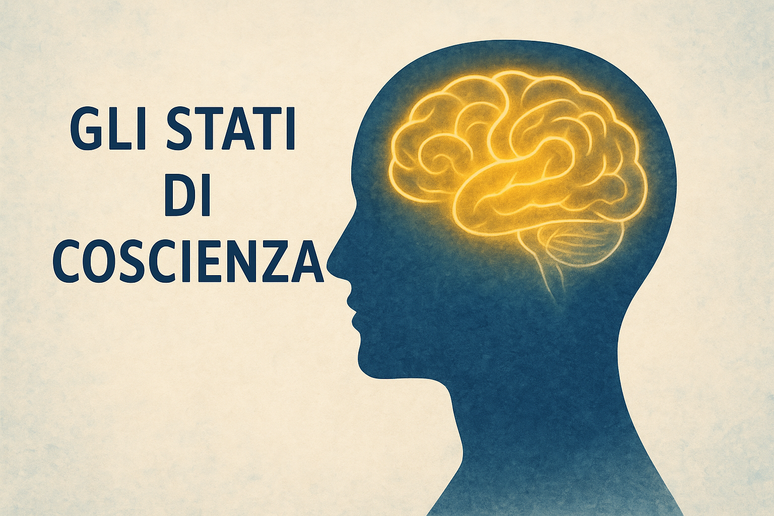 Illustrazione della mente umana con cervello luminoso che rappresenta gli stati di coscienza, la consapevolezza e la creazione della realtà interiore.