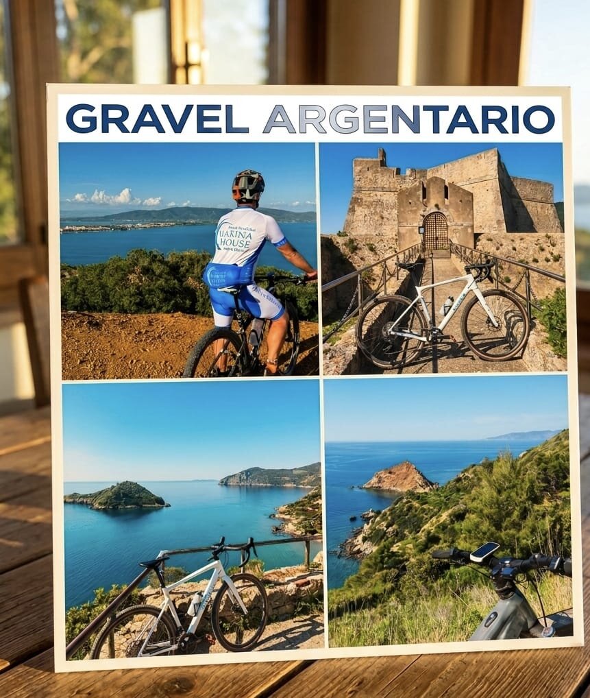 "Ciclista in Gravel all'Argentario davanti ad un antico forte spagnolo e panorami sul mare di porto ercole