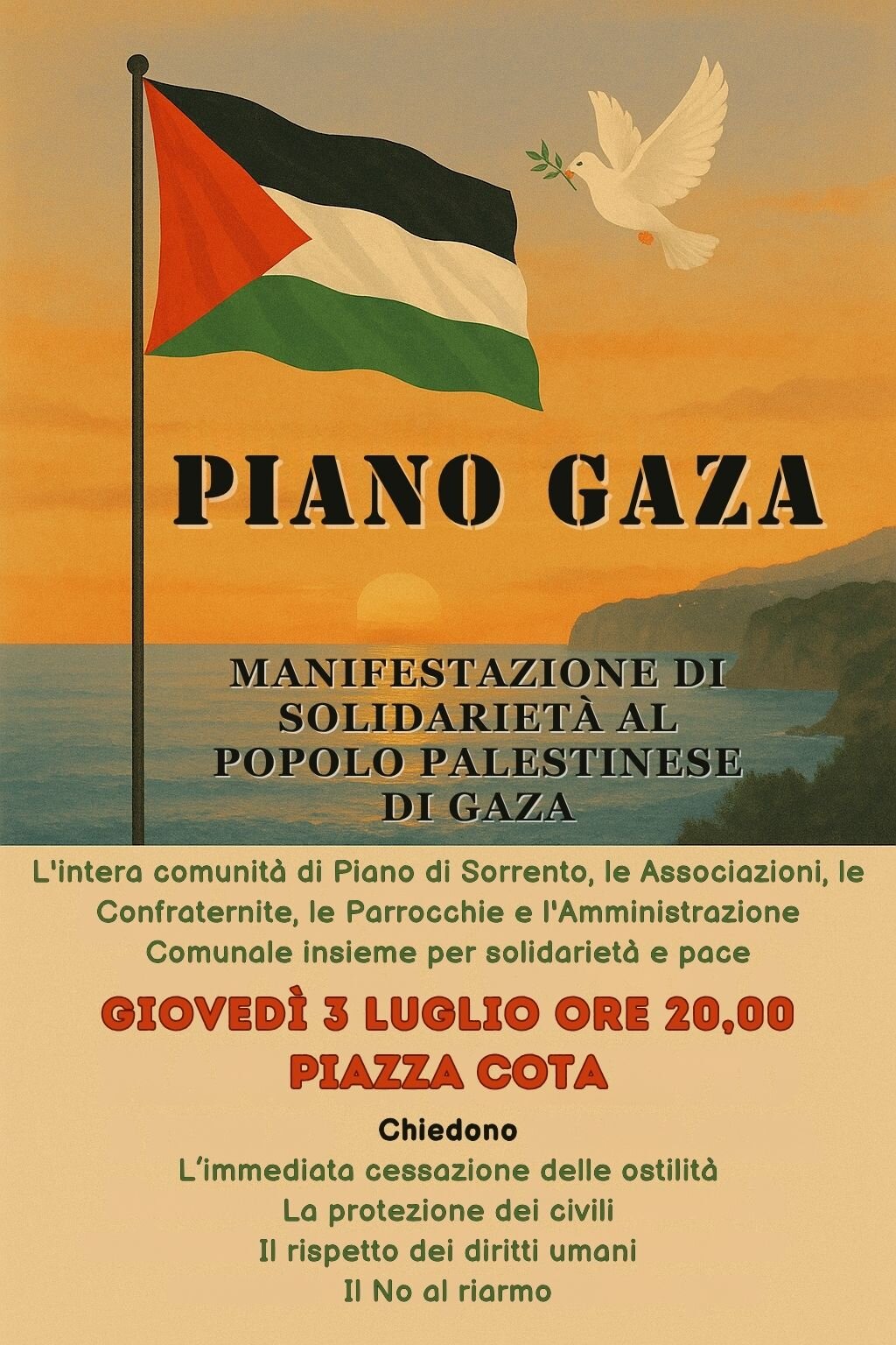 PIANO DI SORRENTO SI STRINGE ATTORNO A GAZA: UN’ONDATA DI SOLIDARIETÀ POPOLARE IN PIAZZA COTA