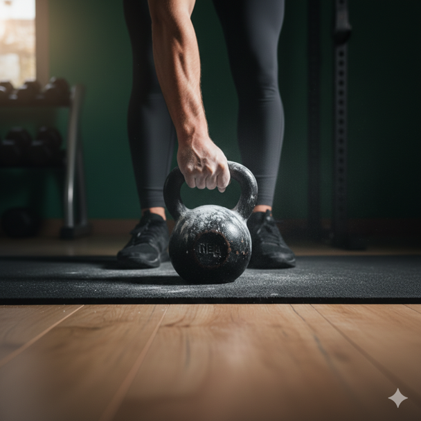Dettaglio mano che afferra un kettlebell nero su tappetino, The Cozy Studio Milano: l'azione che definisce la filosofia Agere non loqui.