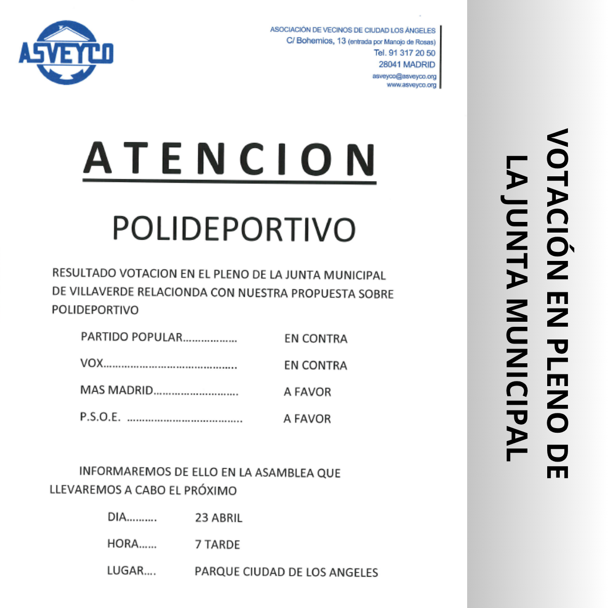 VOTACI&Oacute;N EN PLENO DE LA JUNTA MUNICIPAL