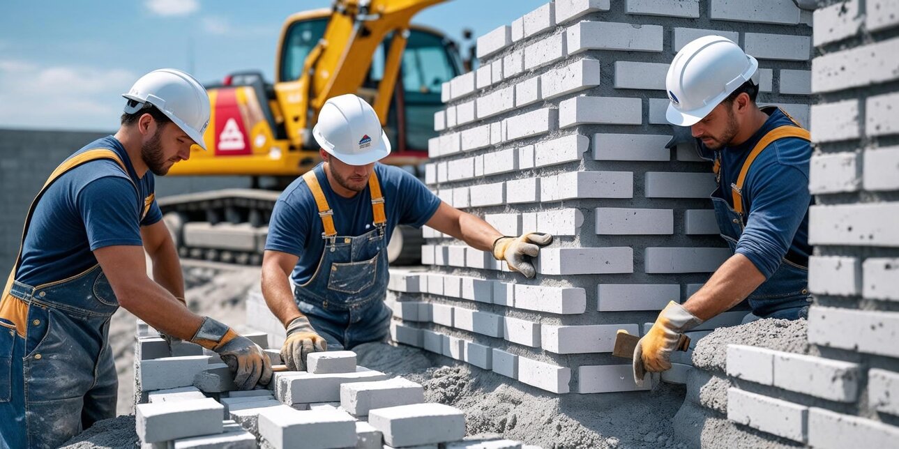 tre muratori che costruiscono un muro di mattoni di tufo bianchi e calcestruzzo , con vicino un veicolo professionale di scavo (1).jpeg