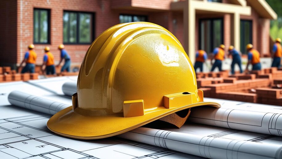 casco giallo da muratore sopra un progetto disegnato, sullo sfondo muratori che costruiscono una casa moderna (1).jpeg