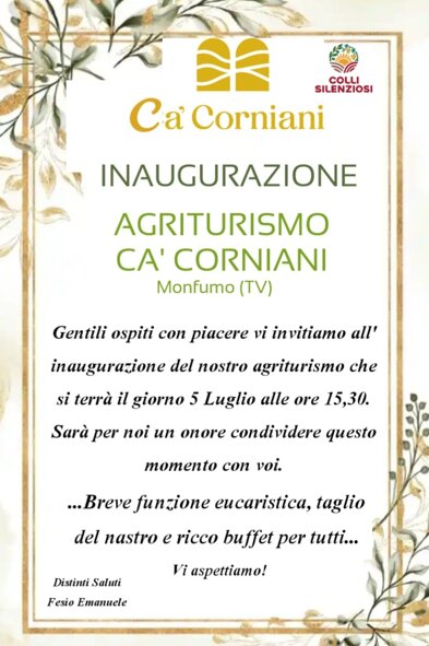 Inaugurazione Agriturismo Ca' Coriani, venerdi 5 luglio 2026, ore 15:30
