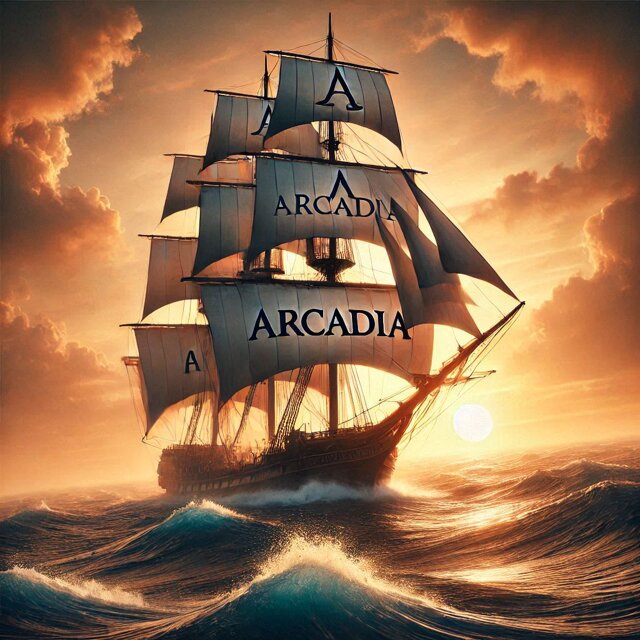 un veliero che naviga in acque mosse al calar del sole con la scritta arcadia.jpeg un veliero che naviga in acque mosse al calar del sole con la scritta arcadia.jpeg