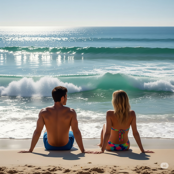 corpo di uomo e donna dischiena davanti al mare con onde e riflessi di luce