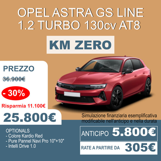 Opel Astra GS Line Km 0: design sportivo e tecnologia avanzata in pronta consegna. Opel Astra GS Line Km 0: design sportivo e tecnologia avanzata in pronta consegna.
