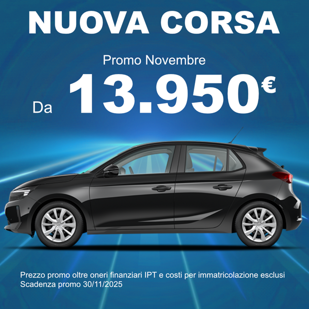 Offerta Opel Corsa nuova a 13.950 euro, promozione valida fino al 30 novembre 2025. Prezzo auto nuov Offerta Opel Corsa nuova a 13.950 euro, promozione valida fino al 30 novembre 2025. Prezzo auto nuov