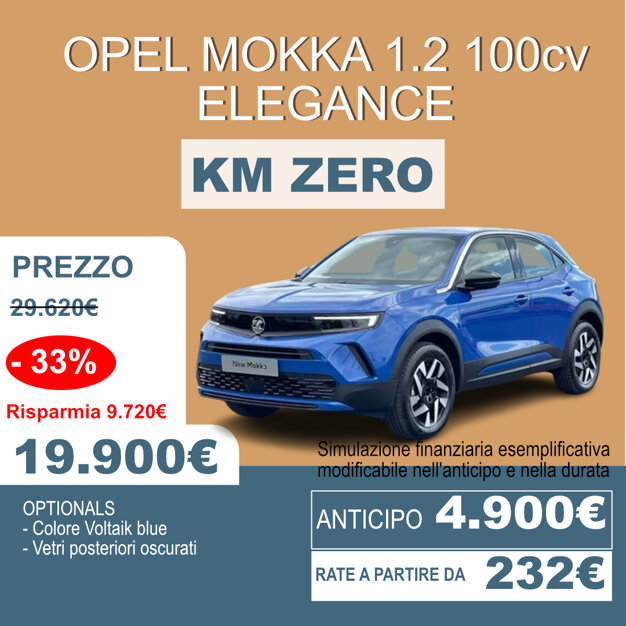 Opel Mokka Elegance Km 0: il SUV compatto dal design audace in offerta esclusiva. Opel Mokka Elegance Km 0: il SUV compatto dal design audace in offerta esclusiva.