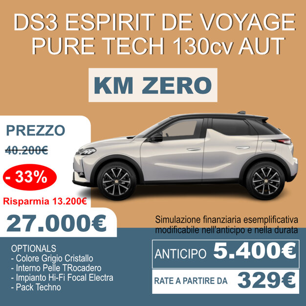 DS 3 Esprit De Voyage Km 0: il SUV compatto premium in offerta esclusiva. DS 3 Esprit De Voyage Km 0: il SUV compatto premium in offerta esclusiva.