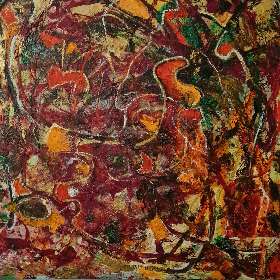 claudia mancinotti - il filo di arianna - tecnica mista e smalti su tela - cm 70 x 70 - quotazione euro 1.800,00 (1)