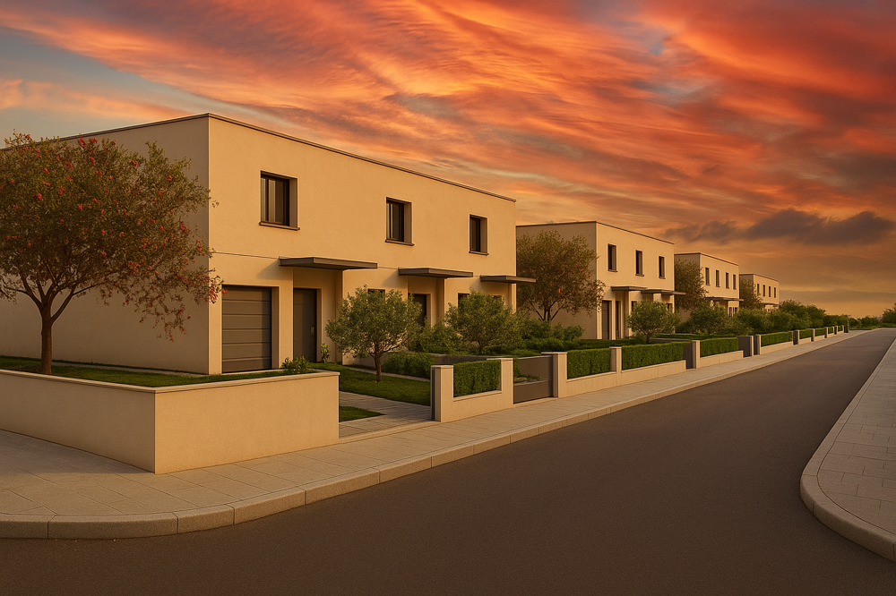 caseggiato al tramonto con frutteto