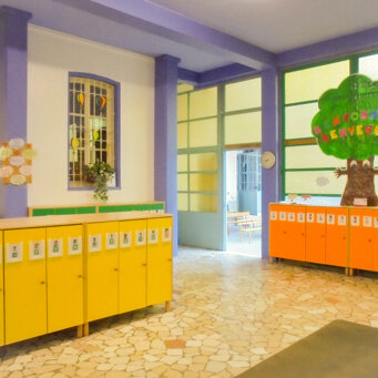 L'INGRESSO Questo è l'ingresso della nostra scuola. Ogni bambino avrà la propria postazione dove riporre gli ef
