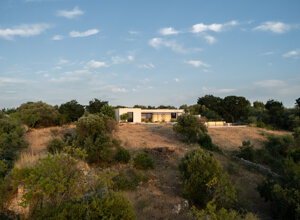 Vista aerea della casa a corte immersa negli uliveti della Valle d'Itria, Puglia