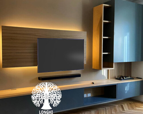 parete living attrezzata su misura con legno massello laccato lugano