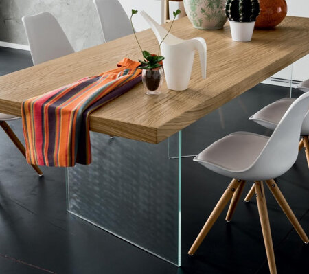 PIANO TAVOLO ROVERE CON BASI IN VETRO piani e top per tavoli su misura in legno massello grezzo