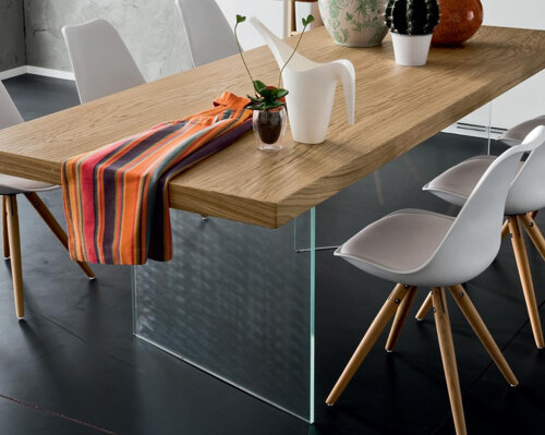 PIANO TAVOLO ROVERE CON BASI IN VETRO piani e top per tavoli su misura in legno massello grezzo