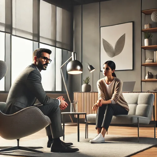 dall·e 2025-02-10 22.08.27 - a modern psychoanalysis session in a sleek, contemporary office. a psychologist, a professional man in his 40s with glasses and a thoughtful expressio