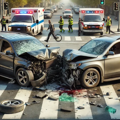 dall·e 2025-02-10 23.00.06 - a realistic depiction of a car accident on a city street. two vehicles, a sedan and an suv, have collided at an intersection, with visible damage to t