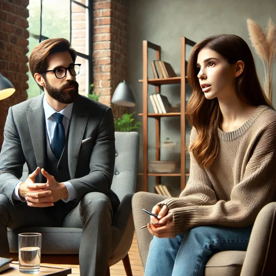 dall·e 2025-02-05 22.53.23 - a realistic image of a psychological therapy session. a male psychologist in his 40s with glasses and a beard, wearing a professional suit, sits in a 