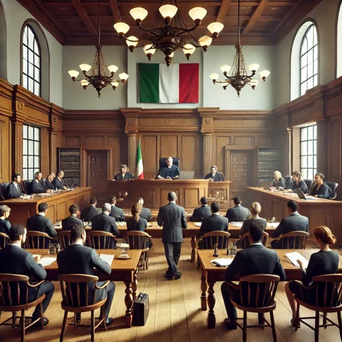 dall·e 2025-02-06 00.41.23 - a realistic image of a courtroom in session. a judge is seated at an elevated bench, presiding over a case. lawyers on both sides are actively present