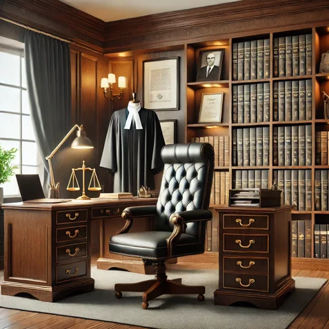 dall·e 2025-02-10 22.13.05 - a classic yet modern law office with a professional and elegant design. a large wooden desk with a leather chair sits at the center, accompanied by a 