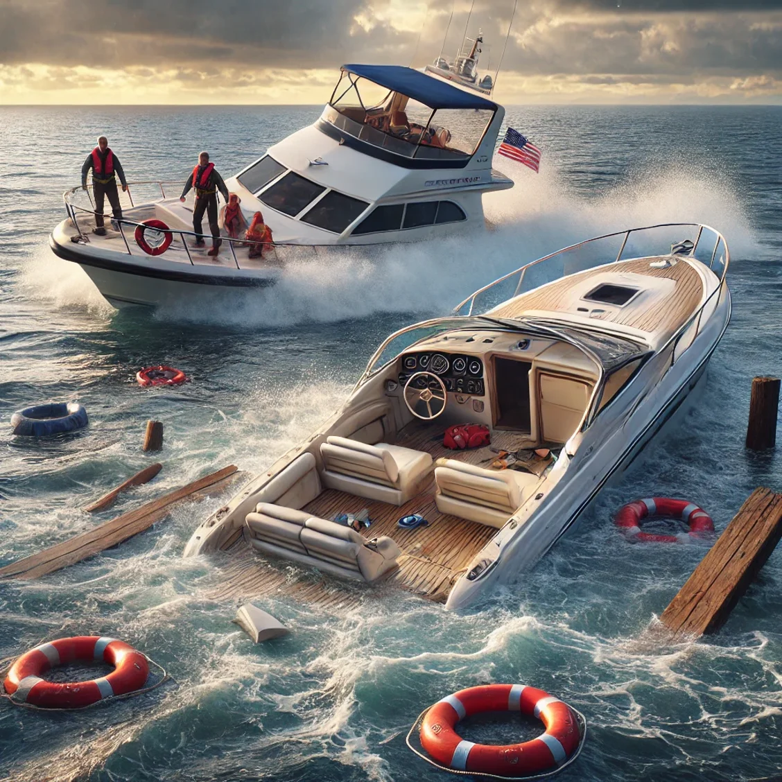 dall·e 2025-02-10 23.14.22 - a highly realistic scene of a boating accident involving two recreational motor yachts in open waters. one yacht has a large hole in its hull with vis
