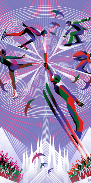 Independent Milano Cortina 2026 Winter Olympics artistic poster by Balbusso Twins. A cosmic, kaleidoscopic energy emanates from the Olympic flame lit by the flying Theodore, expanding into space. Futuristic, dynamic digital illustration exalting the speed of winter sports athletes.